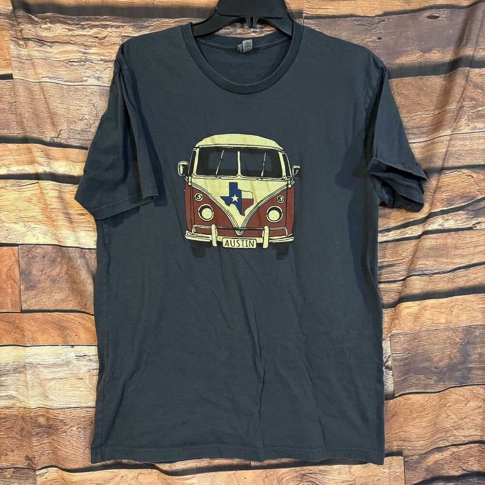 Next Level T-Shirt Men's Blue Large 100% Cotton Hippie Bus Austin Texas Graphic